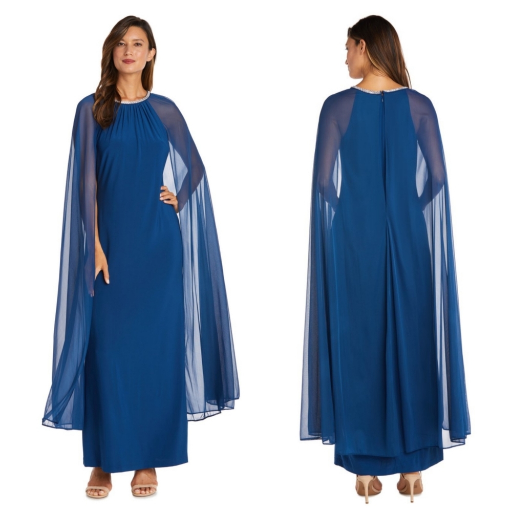 R & M RICHARDS RHINESTONE NECKLINE CAPE GOWN